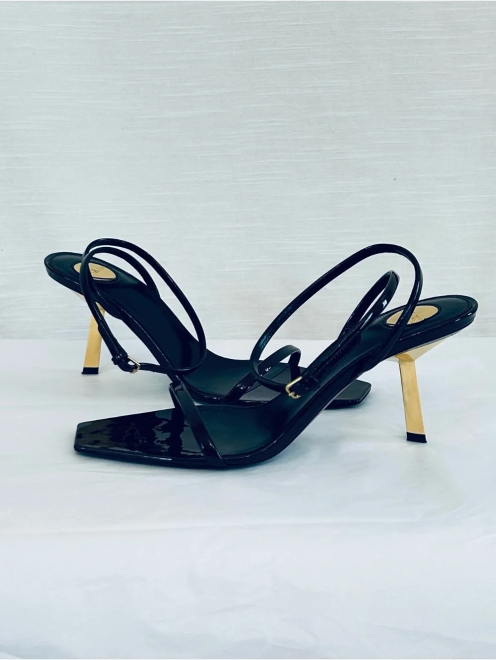 Saint Laurent Designer Patent Leather Strappy Sandals with Gold Heels - Picture 10 of 13